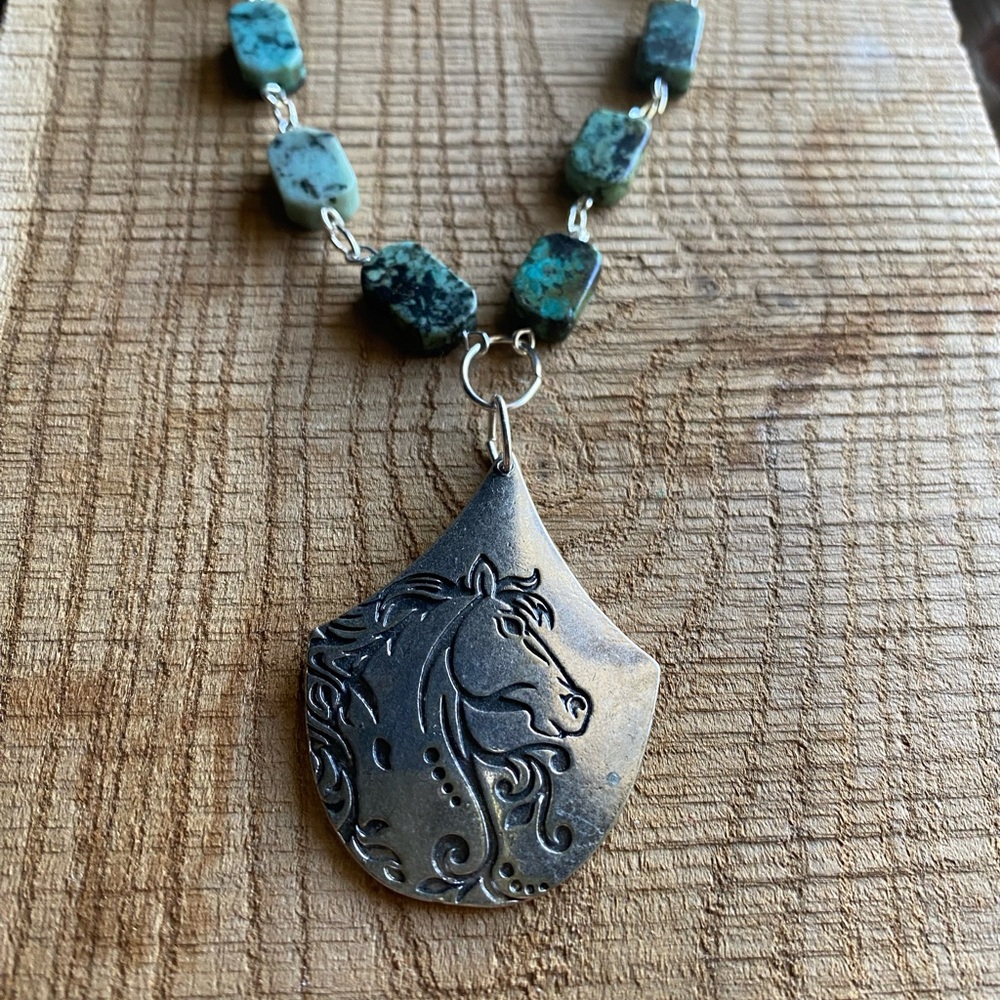 Silver Tone Horse Pendant Necklace with Turquoise Beads - Picture 8 of 9